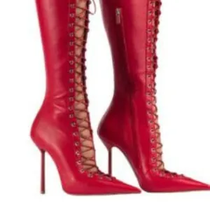 Women Pointed Toe Stiletto High Heel Sandal Boots Crisscross Lace Up Hollow Out Microfiber PU Fashion Sexy Party Boots