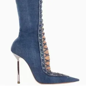 Denim lace-up pointed toe stiletto heel sandals with metal high heel