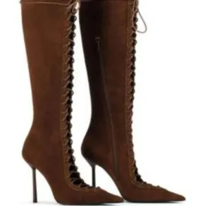Elegant brown suede pointed toe lace-up knee-high boots with high stiletto heels