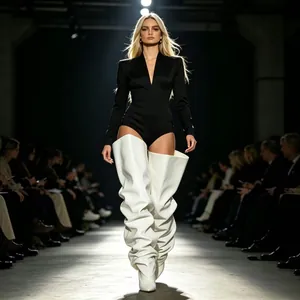 Model geht in stylischen weißen Overknee-Stiefeln mit spitzen Zehen auf dem Laufsteg