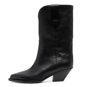Side profile of black leather pointed-toe western cowboy boots with chunky block heels