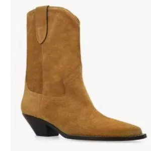 Pointed toe brown suede western cowboy boots with a stable block heel detail.