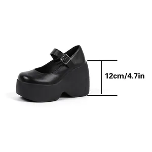 Detailed view of black platform wedge Mary Jane shoes with 12cm heel height measurement