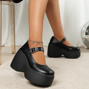 Women Vintage Mary Jane Platform Wedge Shoes Retro Round Toe Matte PU Leather High Heel Shoes For Daily Wear