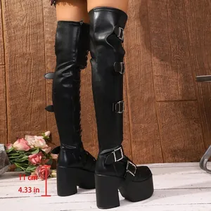 Detailed view of punk platform over-the-knee boots with 11cm chunky heel height