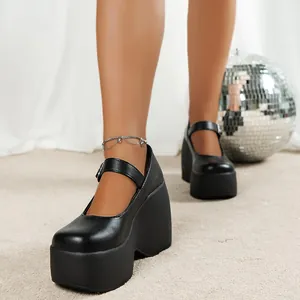 Black retro round toe platform wedge Mary Jane shoes for women stylish party wear