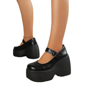 Vintage black round-toe platform Mary Jane shoes with a thick wedge sole for women