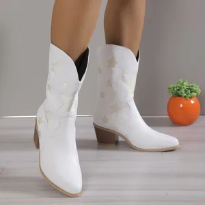 Detailed macro view of white star-embroidered cowboy boots featuring a pointed toe