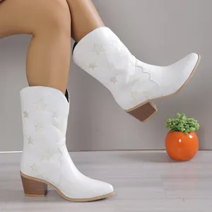 Detailed view of white mid-calf knight boots with star embroidery and wood grain heel