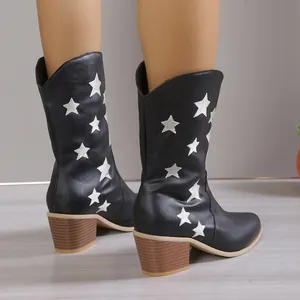 Black mid-calf cowboy boots with white star pattern and stacked heel detail