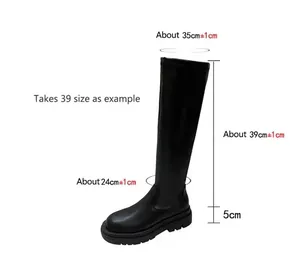 Classic black platform knee-high stretch boots with wedge heel and size details