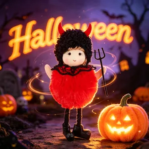 Primo piano di un simpatico peluche diavolo rosso con forcone in una scena di Halloween