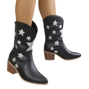 Chic black pointed-toe knight boots with silver star patterns and chunky mid-heels