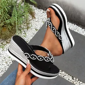 Dames Zomer Sleehak Plateau Slippers Strass Kunstparel Zehentrenner Sandalen Hoge Hak Plateau Slippers