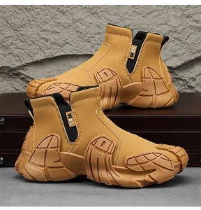 Side profile of high-top men's safety work boots featuring thick textured soles