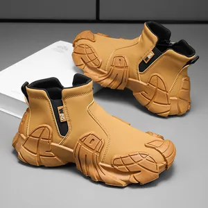 Men's tan high-top waterproof work boots with chunky non-slip soles and side zippers