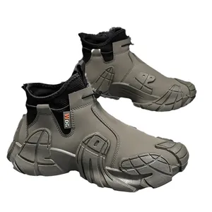 Grey high-top waterproof work shoes for men featuring thick non-slip soles and WDG tag