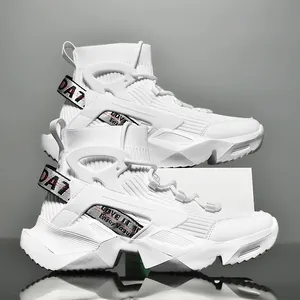Men's stylish white high-top sock sneakers featuring a chunky cushioned sole for sports