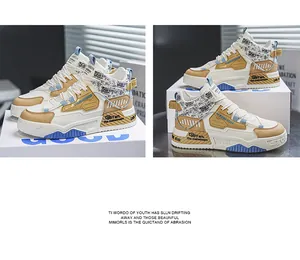 Vue détaillée de baskets montantes tendance avec textures mixtes et imprimés graphiques.