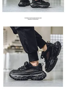 Dettaglio di sneaker nere in mesh traspirante con suole platform stile pneumatico.