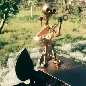 Handmade industrial style metal drummer windmill figurine garden stake ornament