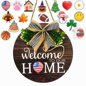 Handcrafted wooden welcome door sign with interchangeable festive holiday icon pieces