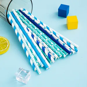 Gedetailleerd overzicht van biologisch afbreekbare papieren rietjes in blauw patroon.
