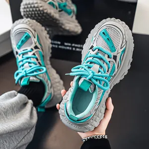Stijlvolle ademende herensneakers met dikke bandenzool in de kleuren grijs en groenblauw