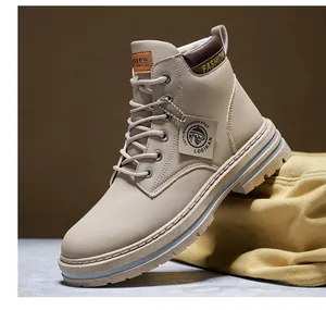 Macro detail of beige outdoor Martin boots for men with a durable rubber sole.