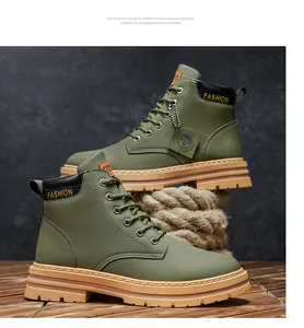Detail of men's olive green outdoor boots with durable platform sole and rugged texture