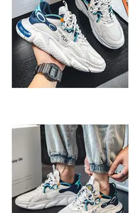 Dettaglio delle sneakers chunky da uomo in mesh traspirante con accenti blu e arancioni