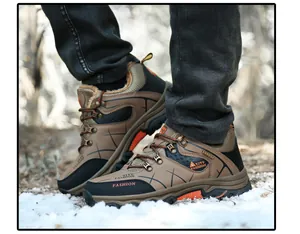 Men's winter hiking boots with warm lining and waterproof non-slip sole in snow.