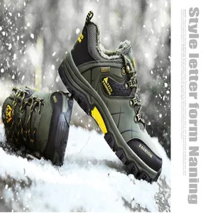 Durable men's waterproof hiking boots with warm fur lining in outdoor snow scene