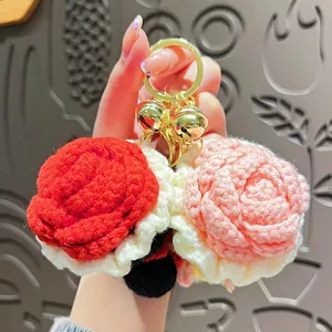 Handmade Crochet Plush Flower Bouquet Keychain Cute Artificial Floral Bag Charm For Women Girls Gift With Gold Bell