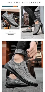 Detailweergave van grijze ademende mesh schoenen voor heren voor buitenactiviteiten.