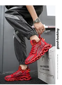 Detaillierte Seitenansicht roter Blade-Sportschuhe für Herren in einer Lifestyle-Einstellung