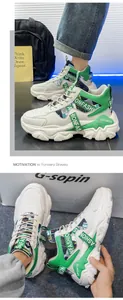 Trendy men's high-top chunky platform sneakers in white and green sports style.