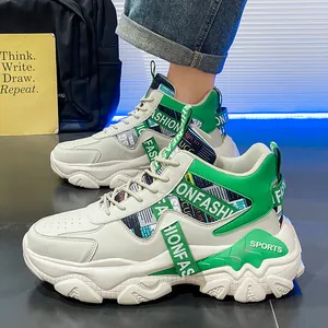 Trendy men's chunky platform sneakers in off-white and green with sports accents
