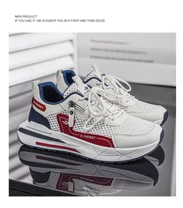 Weiße atmungsaktive Mesh-Sportschuhe mit dicker Sohle und roten Akzenten für Herren Freizeit