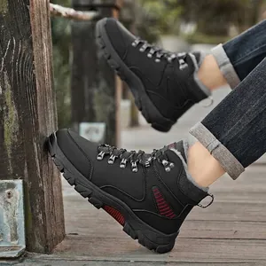 Bottes de randonnée d'hiver noires pour hommes avec doublure en peluche et semelles antidérapantes