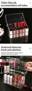 Macro view of a clear acrylic lipstick storage box featuring a dustproof flip lid