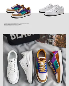 Detailed view of trendy men's board shoes in white and retro multicolor options.