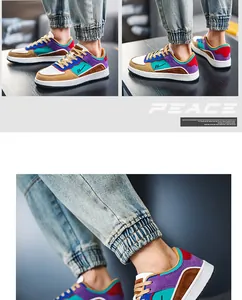 Close-up of stylish multi-color breathable men's skate shoes with denim joggers.