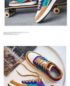 High-angle detail view of colorful multi-tone men's skate shoes with premium textures