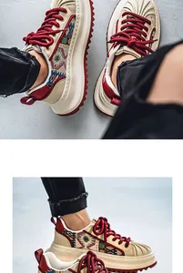 Dettaglio di sneaker da uomo con punta a conchiglia e motivi in tessuto colorato.