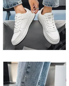 Detailed view of white breathable faux leather sneakers for men in a casual setting