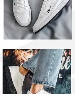 Close-up of stylish white breathable men's skate shoes with classic black side logo