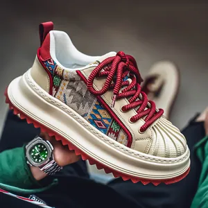 Men's Trendy Shell-Toe Sneakers Thick Platform Sole Microfiber Rubber Breathable Casual Ethnic Pattern Daddy Shoes For Youth Spring 2025