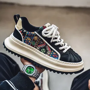 Stylish men's thick sole shell-toe sneakers with ethnic woven patterns and white laces