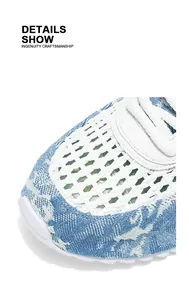 Dettaglio macro di mesh bianco traspirante e tessuto a motivi blu su scarpe sportive da uomo